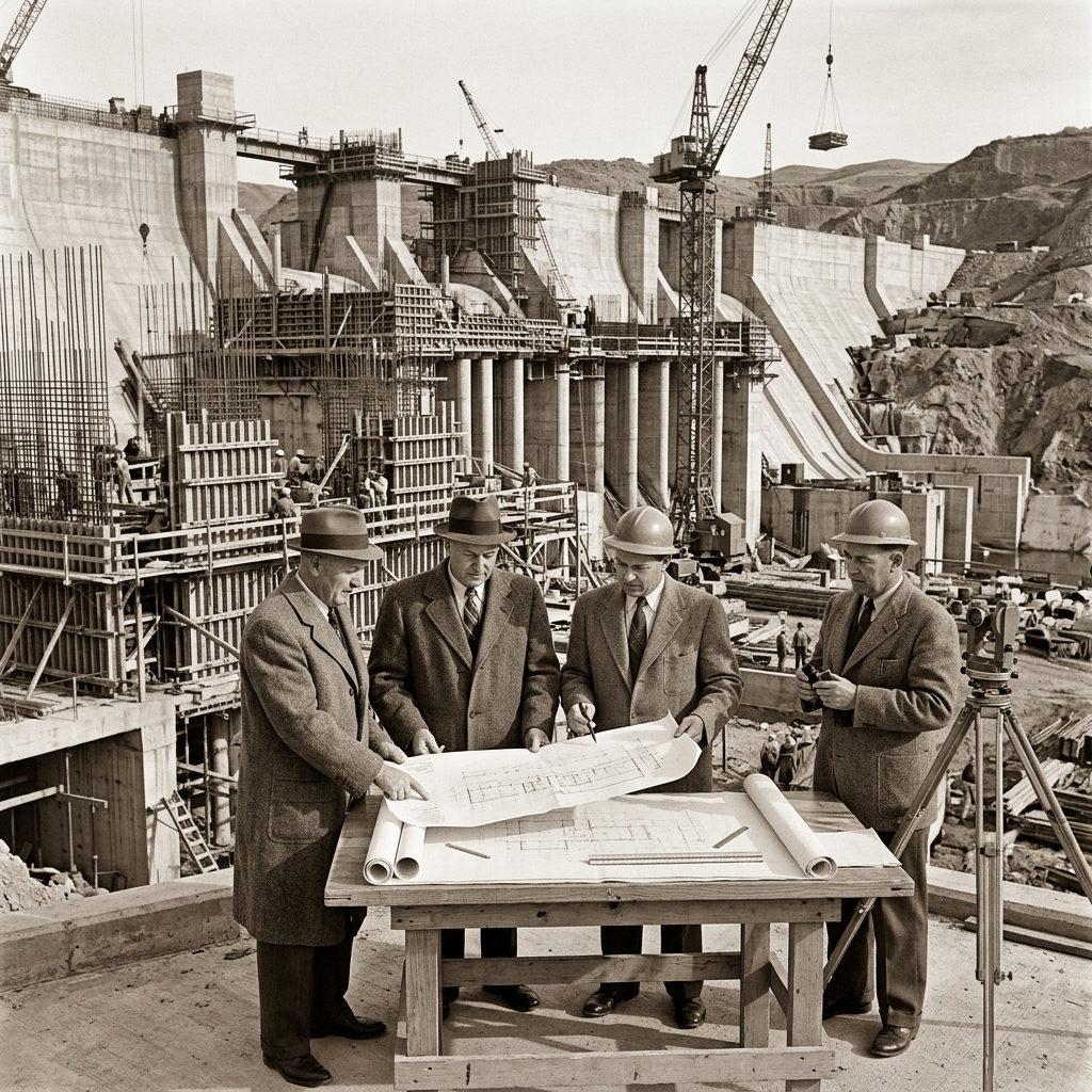 Skyline engineers reviewing plans on site